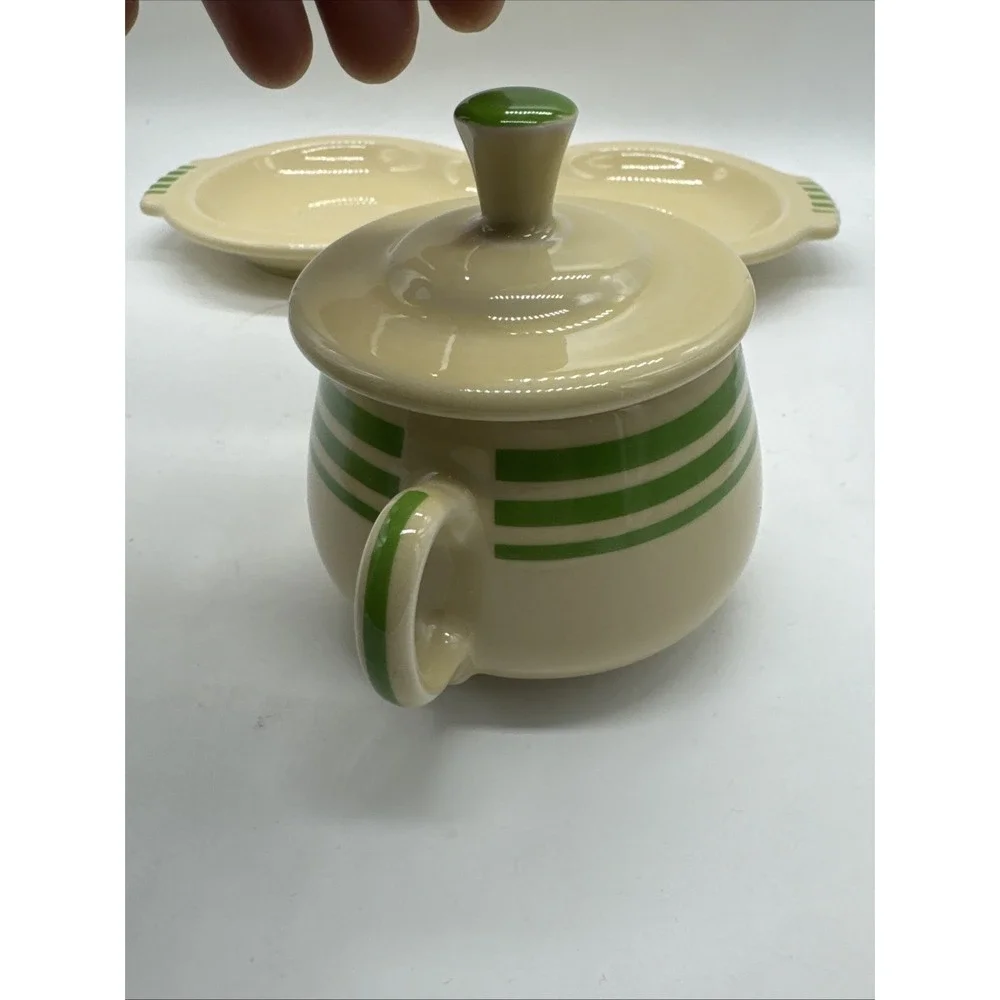 Fiesta Ware HLCCA  Covered Sugar Bowl & Creamer Figure 8 Tray Green Stripe